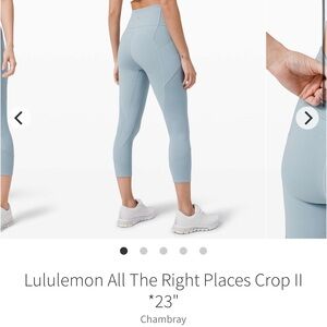 Lululemon All The Right Places Crop II *23"
Chambray Size 4 Leggings Pockets